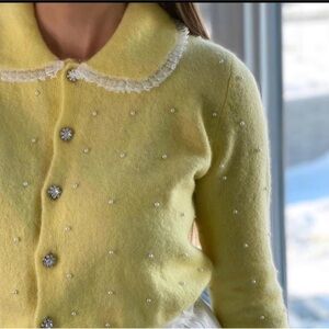 ZARA Pearl Applique Yellow Knit Button Down Cardigan